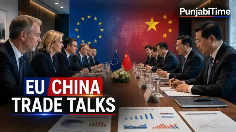 EU China Trade Talks ਦੌਰਾਨ ਯੂਰਪ ਤੇ ਚੀਨ ਦੇ ਝੰਡੇ ਅਤੇ ਵਪਾਰਕ ਕੰਟੇਨਰ।