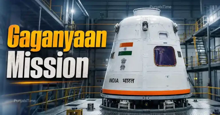 Gaganyaan Mission crew module aur Vyommitra robot di pratinidhi tasveer.