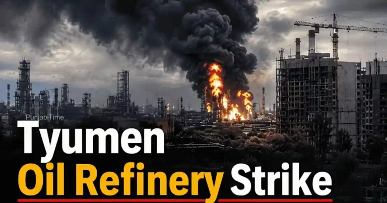 Tyumen oil refinery ਉੱਤੇ ਯੂਕਰੇਨੀ ਡ੍ਰੋਨ ਹਮਲੇ ਨੂੰ ਦਰਸਾਉਂਦੀ ਤਸਵੀਰ।