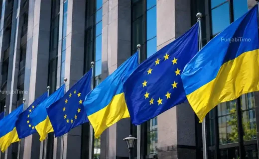European Union flags representing the new Ukraine war aid package from Russian asset profits.