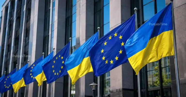 European Union flags representing the new Ukraine war aid package from Russian asset profits.