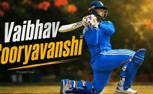 Vaibhav Sooryavanshi ਬੱਲੇਬਾਜ਼ੀ ਕਰਦੇ ਹੋਏ ਅਤੇ ਸ਼ਾਟ ਖੇਡਦੇ ਹੋਏ।
