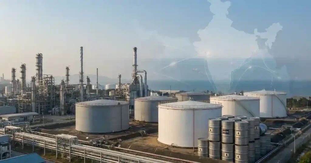 India Oil Reserves ਬਾਰੇ ਤੇਲ ਸਟੋਰੇਜ ਅਤੇ refinery ਦੀ symbolic image
