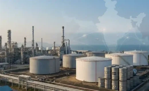 India Oil Reserves ਬਾਰੇ ਤੇਲ ਸਟੋਰੇਜ ਅਤੇ refinery ਦੀ symbolic image