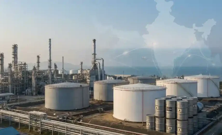India Oil Reserves ਬਾਰੇ ਤੇਲ ਸਟੋਰੇਜ ਅਤੇ refinery ਦੀ symbolic image