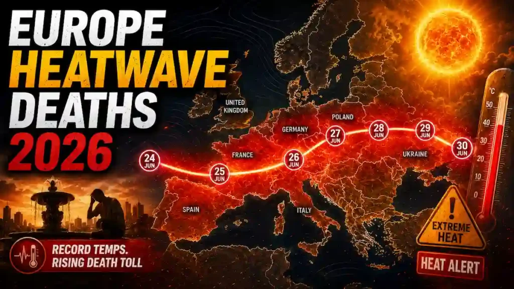 Europe Heatwave Deaths 2026 — people cooling off in Paris during record temperatures, WHO warning June 2026.