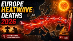Europe Heatwave Deaths 2026 — people cooling off in Paris during record temperatures, WHO warning June 2026.