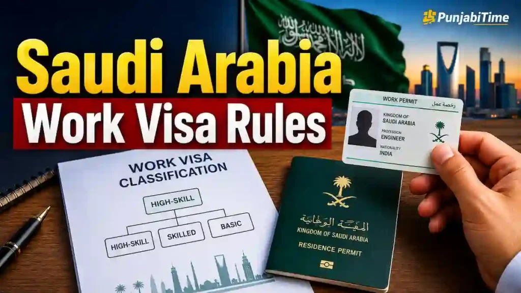 Saudi Arabia Work Visa Rules ਨਾਲ ਜੁੜੀ ਪ੍ਰਤੀਕਾਤਮਕ ਤਸਵੀਰ, ਜਿਸ ਵਿੱਚ ਸਾਊਦੀ ਵਰਕ ਵੀਜ਼ਾ ਅਤੇ ਪਾਸਪੋਰਟ ਦਿਖਾਏ ਗਏ ਹਨ।