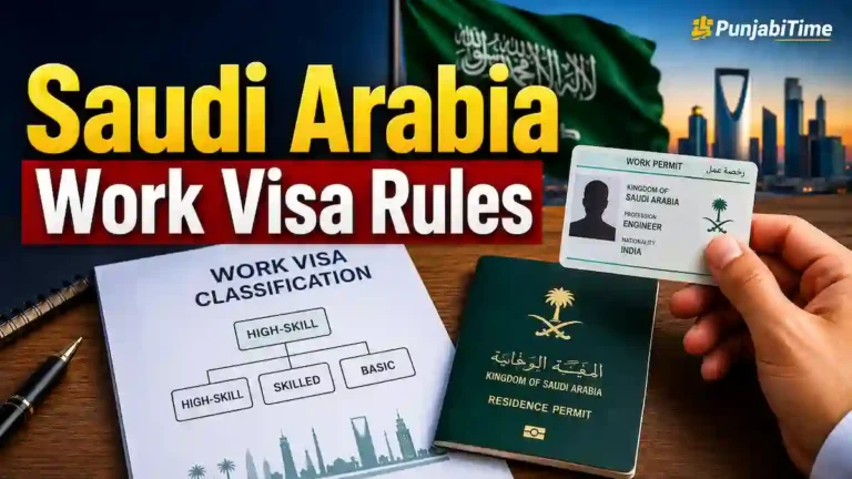 Saudi Arabia Work Visa Rules ਨਾਲ ਜੁੜੀ ਪ੍ਰਤੀਕਾਤਮਕ ਤਸਵੀਰ, ਜਿਸ ਵਿੱਚ ਸਾਊਦੀ ਵਰਕ ਵੀਜ਼ਾ ਅਤੇ ਪਾਸਪੋਰਟ ਦਿਖਾਏ ਗਏ ਹਨ।