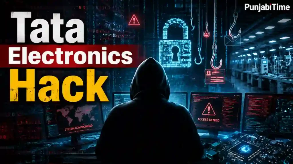 Tata Electronics Hack ਨਾਲ ਜੁੜੀ ਪ੍ਰਤੀਕਾਤਮਕ ਤਸਵੀਰ ਜਿਸ ਵਿੱਚ ਸਾਈਬਰ ਸੁਰੱਖਿਆ ਤੇ iPhone ਦਾ ਸੰਕੇਤ ਹੈ।