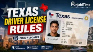 Texas Driver License Rules ਤਹਿਤ ਵੀਜ਼ਾ ਧਾਰਕ ਦੇ ਹੱਥ ਵਿੱਚ ਪਾਸਪੋਰਟ ਅਤੇ ਡਰਾਈਵਿੰਗ ਲਾਇਸੈਂਸ।