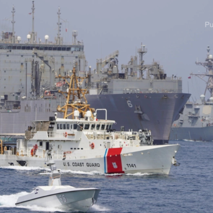 A naval vessel operating at sea, representing the US military intercepting Iranian drones in the Strait of Hormuz.