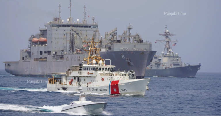 US Downs Iranian Drones: A naval vessel operating at sea, representing the US military intercepting Iranian drones in the Strait of Hormuz.