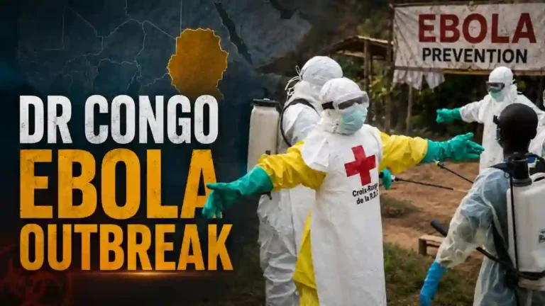 DR Congo Ebola Outbreak ਦੌਰਾਨ ਸੁਰੱਖਿਆ ਕਿੱਟ ਪਹਿਨੇ ਸਿਹਤ ਕਾਮੇ।