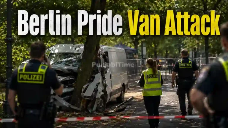 Berlin Pride van attack ਵਾਲੀ ਥਾਂ ’ਤੇ ਪੁਲਿਸ ਤੇ ਐਮਰਜੰਸੀ ਦਸਤਾ।