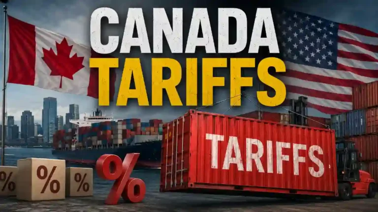 Canada Tariffs news graphic showing US and Canada flags with cargo containers at a border crossing.