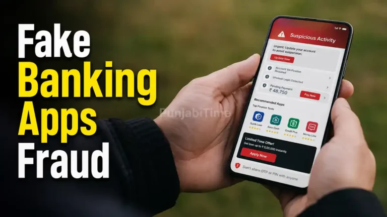 Fake Banking Apps Fraud ਦੀ ਚੇਤਾਵਨੀ ਦਿਖਾਉਂਦਾ ਮੋਬਾਈਲ ਸਕਰੀਨ ਦਾ ਦ੍ਰਿਸ਼ ਅਤੇ ਨਕਲੀ ਐਪ ਦਾ ਸੰਕੇਤ।