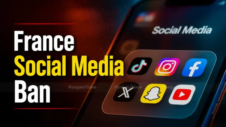 France Social Media Ban ਨਾਲ ਜੁੜਿਆ ਪ੍ਰਤੀਕਾਤਮਕ ਚਿੱਤਰ ਜਿਸ ਵਿੱਚ ਫ਼ੋਨ ਅਤੇ ਸੋਸ਼ਲ ਮੀਡੀਆ ਆਈਕਾਨ।