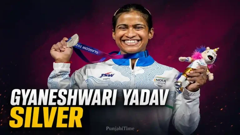 Gyaneshwari Yadav Silver ਲਈ ਵੇਟਲਿਫਟਿੰਗ ਪਲੇਟਫਾਰਮ ਉੱਤੇ ਭਾਰ ਚੁੱਕਦੀ ਖਿਡਾਰਨ ਦੀ ਤਸਵੀਰ।