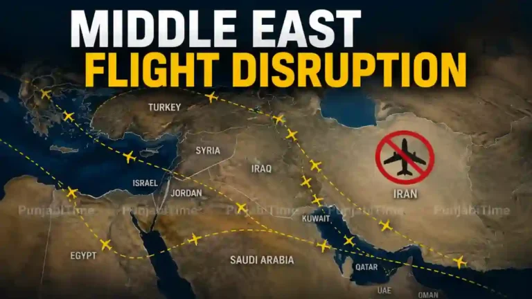 Middle East Flight Disruption ਕਾਰਨ ਗਲਫ਼ ਹਵਾਈ ਅੱਡੇ 'ਤੇ ਉਡਾਣ ਜਾਣਕਾਰੀ ਬੋਰਡ ਦੇਖਦੇ ਯਾਤਰੀ।