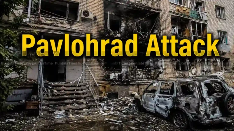 Pavlohrad attack site with damaged food industry building and rescue teams in Dnipro region
