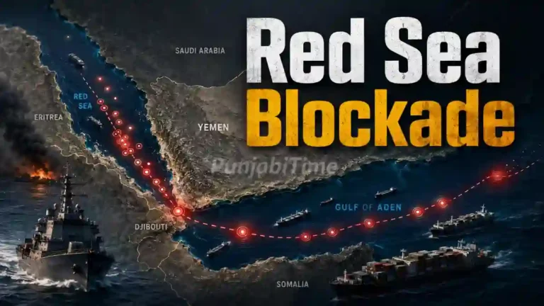 Red Sea Blockade map graphic showing Bab al-Mandeb strait and cargo shipping route.