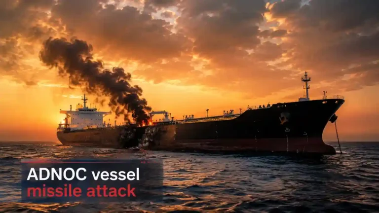 ਹੋਰਮੁਜ਼ ਜਲਡਮਰੂ ਵਿੱਚ ADNOC vessel missile attack ਦੌਰਾਨ ਨਿਸ਼ਾਨਾ ਬਣਾਇਆ ਗਿਆ ਤੇਲ ਟੈਂਕਰ ਜਹਾਜ਼।