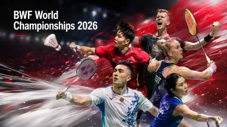 BWF World Championships 2026 ਦਾ ਪ੍ਰਤੀਕ — ਬੈਡਮਿੰਟਨ ਕੋਰਟ ਉੱਤੇ ਸ਼ਟਲ ਤੇ ਰੈਕਟ