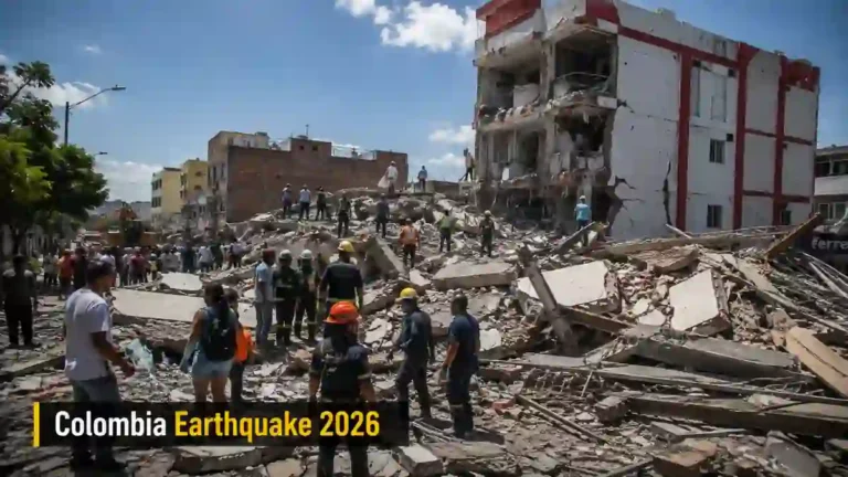 Colombia earthquake 2026 ਦੌਰਾਨ ਕਾਲੀ ਸ਼ਹਿਰ ਵਿੱਚ ਢਹਿ ਚੁੱਕੀ ਇਮਾਰਤ ਦੇ ਮਲਬੇ ਕੋਲ ਖੜ੍ਹੇ ਲੋਕ