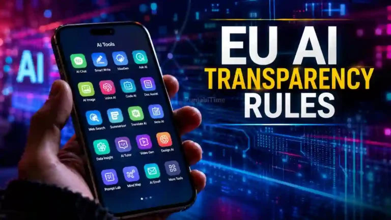 EU AI Transparency Rules ਦੀ ਪਾਲਣਾ ਦਰਸਾਉਂਦਾ ਚੈਟਬੋਟ ਅਤੇ ਡੀਪਫੇਕ ਲੇਬਲ ਦਾ ਦ੍ਰਿਸ਼ (ਪ੍ਰਤੀਕਾਤਮਕ ਤਸਵੀਰ)