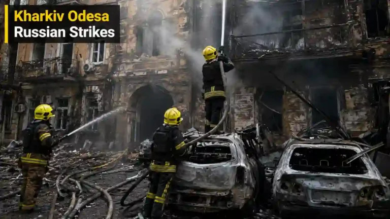 Kharkiv Odesa Russian strikes ਦੌਰਾਨ ਖਾਰਕੀਵ ਦੀ ਬਹੁਮੰਜ਼ਿਲਾ ਰਿਹਾਇਸ਼ੀ ਇਮਾਰਤ ਦੀਆਂ ਨੁਕਸਾਨੀਆਂ ਮੰਜ਼ਿਲਾਂ।
