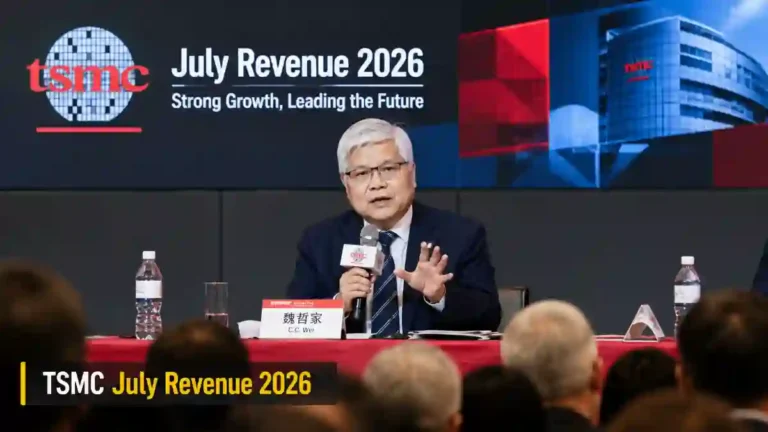 TSMC July revenue ਦੇ ਅੰਕੜਿਆਂ ਨਾਲ ਜੁੜੀ ਸੈਮੀਕੰਡਕਟਰ ਚਿੱਪ ਨਿਰਮਾਣ ਦੀ ਤਸਵੀਰ।