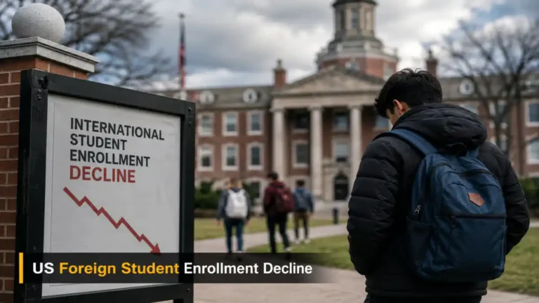 US Foreign Student Enrollment Decline: ਅਮਰੀਕੀ ਯੂਨੀਵਰਸਿਟੀ ਕੈਂਪਸ ਵਿੱਚ ਭਾਰਤੀ ਵਿਦਿਆਰਥੀ ਵੀਜ਼ਾ ਦਸਤਾਵੇਜ਼ਾਂ ਨਾਲ ਖੜ੍ਹਾ
