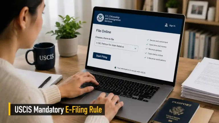 USCIS mandatory e-filing rule ਅਧੀਨ ਇਮੀਗ੍ਰੇਸ਼ਨ ਫਾਰਮ ਆਨਲਾਈਨ ਭਰਨ ਦੀ ਪ੍ਰਕਿਰਿਆ ਦਰਸਾਉਂਦੀ ਤਸਵੀਰ।