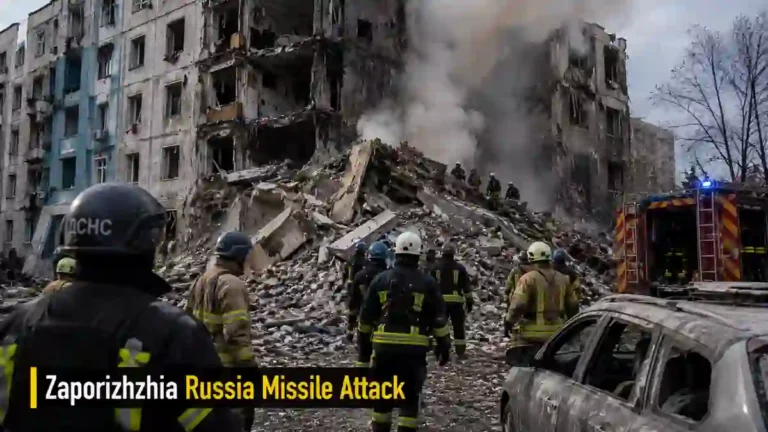 Zaporizhzhia Russia missile attack ਤੋਂ ਬਾਅਦ ਮਲਬੇ ਵਿਚਕਾਰ ਬਚਾਅ ਕਾਰਜ ਕਰਦੇ ਅਗਨੀਸ਼ਮਨ ਕਰਮਚਾਰੀ।