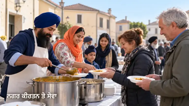 ਸਿੱਖ ਸੇਵਾਦਾਰ ਇਟਲੀ ਦੇ ਕਸਬਾਈ ਮਾਹੌਲ ਵਿੱਚ ਲੋਕਾਂ ਨੂੰ ਲੰਗਰ ਵਰਤਾਉਂਦੇ ਹੋਏ