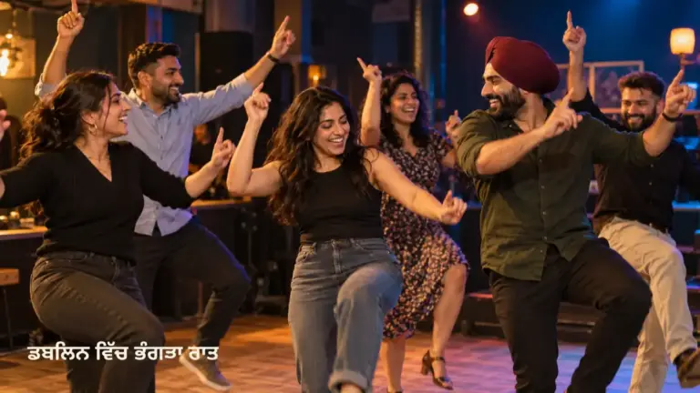 ਬਾਲਗ ਪੰਜਾਬੀ ਨੌਜਵਾਨ ਇੱਕ ਅੰਦਰੂਨੀ ਸੰਗੀਤਕ ਥਾਂ ਵਿੱਚ ਕੁਦਰਤੀ ਢੰਗ ਨਾਲ ਭੰਗੜਾ ਪਾਉਂਦੇ ਹੋਏ