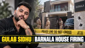 ਬਰਨਾਲਾ ਵਿੱਚ ਗੁਲਾਬ ਸਿੱਧੂ ਦੇ ਘਰ ਬਾਹਰ ਗੋਲੀਬਾਰੀ ਨਾਲ ਜੁੜੀ ਖ਼ਬਰ ਦੀ ਤਸਵੀਰ।