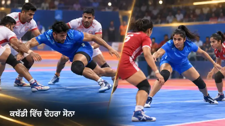 ਨੀਲੀ ਵਰਦੀ ਵਿੱਚ ਪੁਰਸ਼ ਅਤੇ ਮਹਿਲਾ ਕਬੱਡੀ ਖਿਡਾਰੀਆਂ ਦੇ ਮੁਕਾਬਲੇ ਦਾ ਸੰਕੇਤਕ ਚਿੱਤਰ