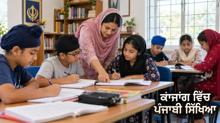 ਪੰਜਾਬੀ ਸਿੱਖਦੇ ਮਲੇਸ਼ੀਆਈ ਬੱਚਿਆਂ ਨੂੰ ਕਾਪੀ ਉੱਤੇ ਸਮਝਾਉਂਦੀ ਅਧਿਆਪਕਾ