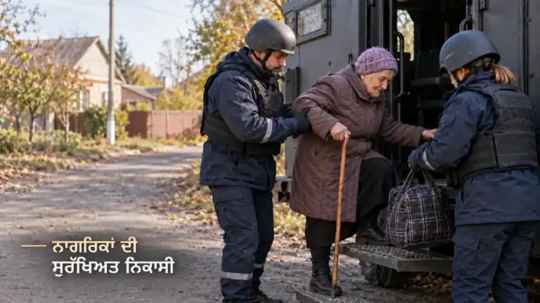 ਸੁਰੱਖਿਆ ਕੱਪੜੇ ਪਹਿਨੇ ਸਹਾਇਤਾ ਕਰਮਚਾਰੀ ਬਜ਼ੁਰਗ ਔਰਤ ਨੂੰ ਵਾਹਨ ਵਿੱਚ ਚੜ੍ਹਨ ਲਈ ਸਹਾਰਾ ਦਿੰਦੇ ਹੋਏ