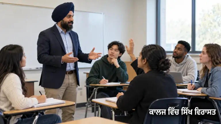 ਕਾਲਜ ਦੇ ਵਿਦਿਆਰਥੀਆਂ ਨਾਲ ਸਿੱਖ ਵਿਰਾਸਤ ਬਾਰੇ ਗੱਲ ਕਰਦਾ ਸਿੱਖ ਅਧਿਆਪਕ