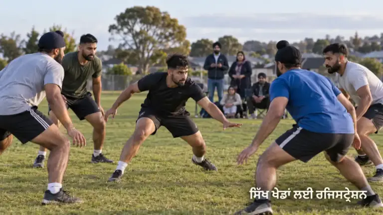 ਪੰਜਾਬੀ ਨੌਜਵਾਨ ਘਾਹ ਵਾਲੇ ਖੇਡ ਮੈਦਾਨ ਵਿੱਚ ਕਬੱਡੀ ਦਾ ਅਭਿਆਸ ਕਰਦੇ ਹੋਏ