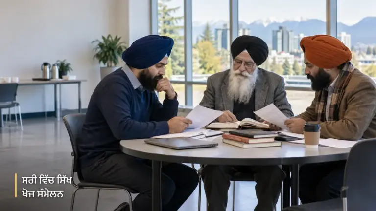 ਸਿੱਖ ਖੋਜਕਰਤਾ ਕਿਤਾਬਾਂ ਅਤੇ ਕਾਗਜ਼ਾਂ ਉੱਤੇ ਵਿਚਾਰ ਕਰਦੇ ਹੋਏ
