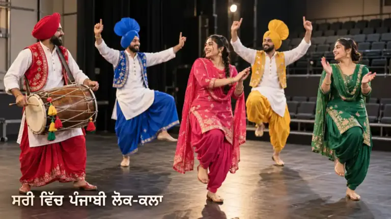 ਢੋਲ ਨਾਲ ਪੰਜਾਬੀ ਲੋਕ ਨਾਚ ਦੀ ਰਿਹਰਸਲ ਕਰਦੇ ਨੌਜਵਾਨ ਕਲਾਕਾਰ