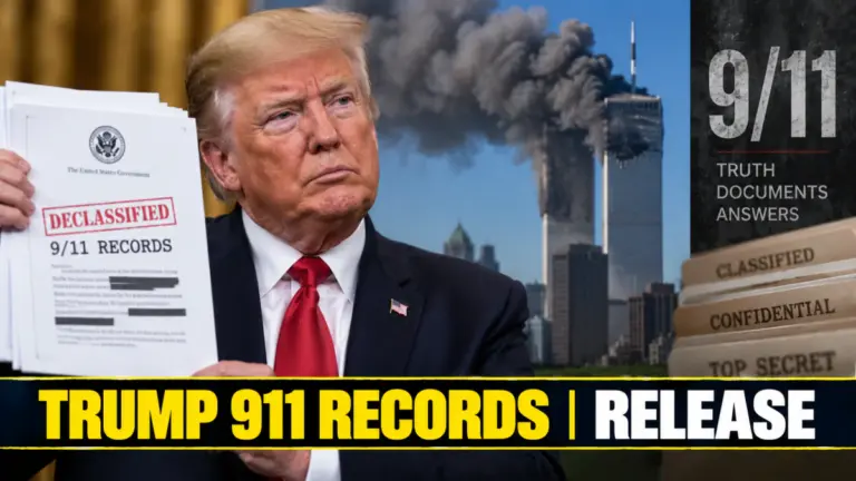 Donald Trump ਪੱਤਰਕਾਰਾਂ ਨਾਲ ਗੱਲ ਕਰਦੇ ਹੋਏ, 9/11 ਰਿਕਾਰਡਾਂ ਬਾਰੇ ਖ਼ਬਰ ਦੇ ਸੰਦਰਭ ਵਿੱਚ।