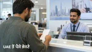 UAE ਦੇ ਮਨੀ ਐਕਸਚੇਂਜ ਕਾਊਂਟਰ ਉੱਤੇ ਭਾਰਤ ਨੂੰ ਰਕਮ ਭੇਜਣ ਦਾ ਸੰਕੇਤਕ AI ਚਿੱਤਰ