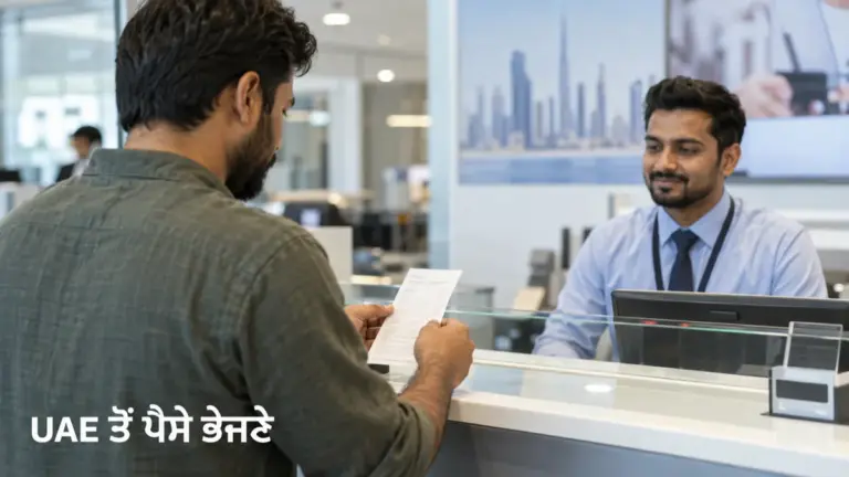 UAE ਦੇ ਮਨੀ ਐਕਸਚੇਂਜ ਕਾਊਂਟਰ ਉੱਤੇ ਭਾਰਤ ਨੂੰ ਰਕਮ ਭੇਜਣ ਦਾ ਸੰਕੇਤਕ AI ਚਿੱਤਰ