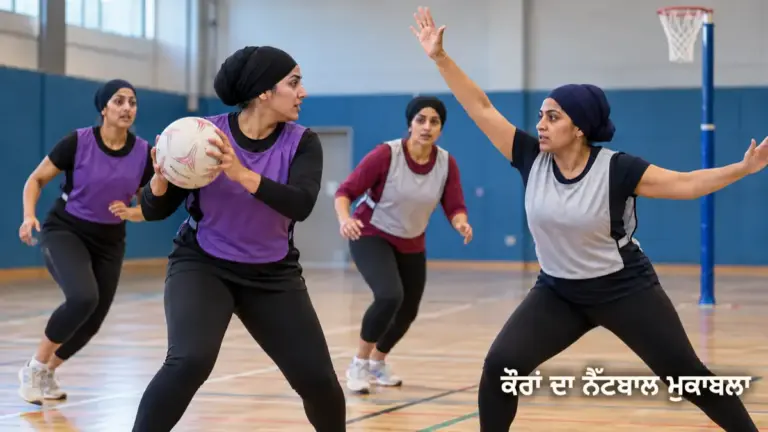 ਇਨਡੋਰ ਕੋਰਟ ਵਿੱਚ ਗੇਂਦ ਪਾਸ ਕਰਦੀਆਂ ਅਤੇ ਰੋਕਦੀਆਂ ਸਿੱਖ ਔਰਤਾਂ