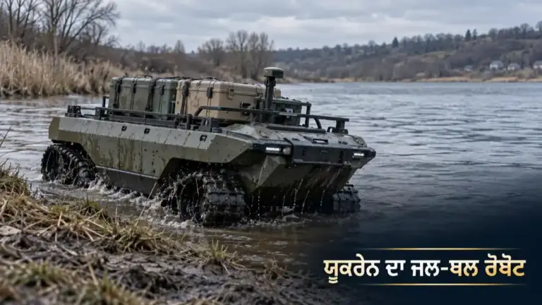 ਨਦੀ ਕੰਢੇ ਸਪਲਾਈ ਸਮੱਗਰੀ ਲਿਜਾਂਦਾ ਜਲ-ਥਲ ਰੋਬੋਟ